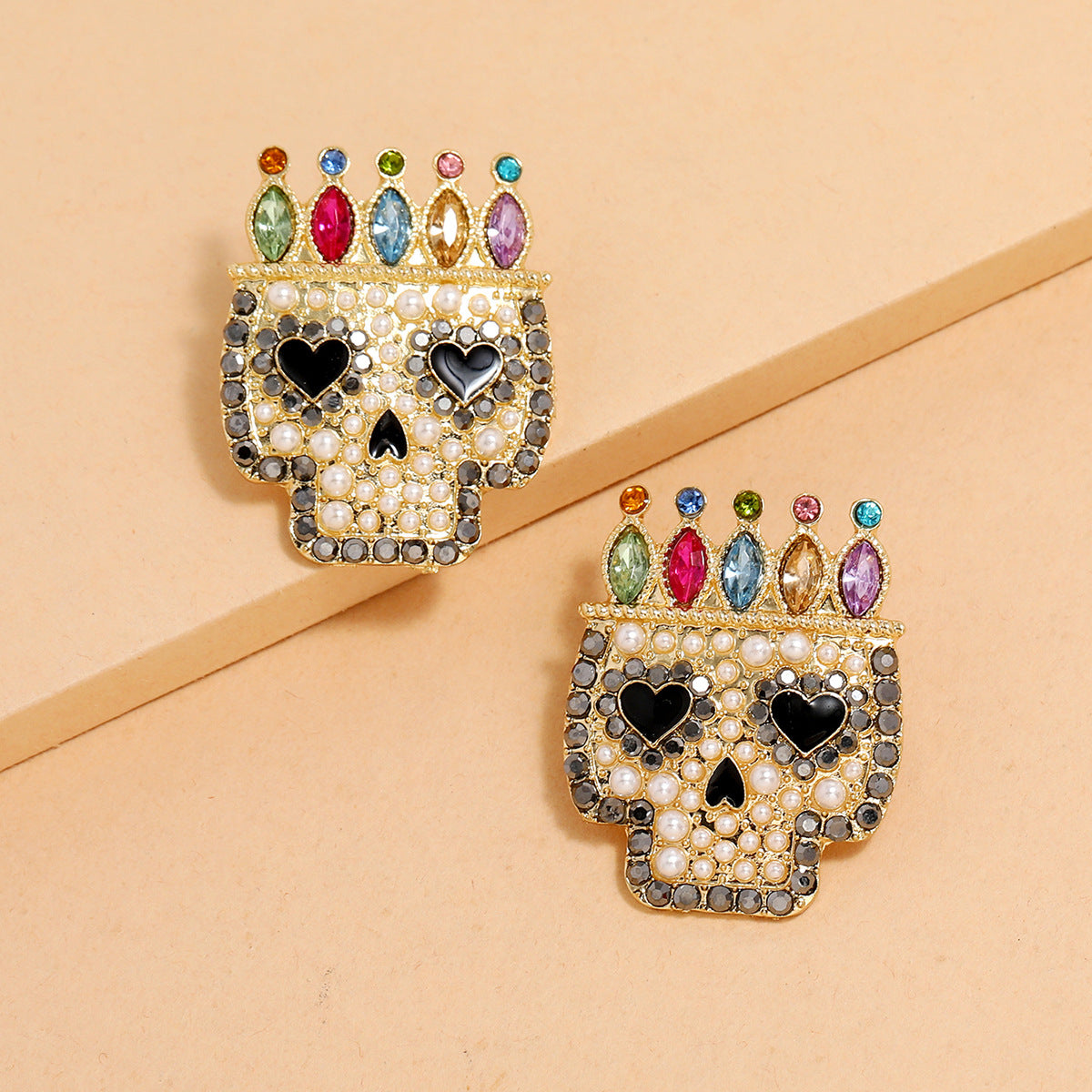 Exaggerated Alloy Diamond Skull Earrings with Colorful Gemstones for Halloween