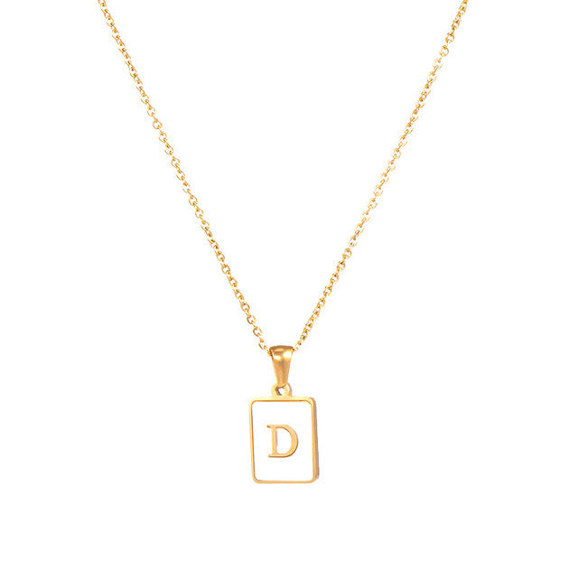 Unisex 18k Gold Plated Stainless Steel Letter Pendant Necklace with White Shell Accents