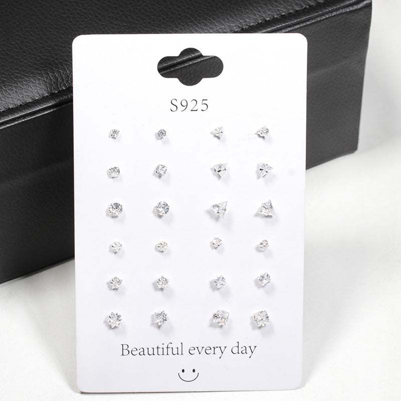 Simple Geometric 925 Sterling Silver Zircon Stud Earrings Set