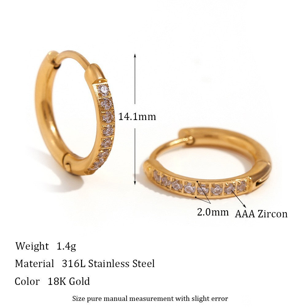 1 Pair Minimalist Round 18K Gold Plated Stainless Steel Zircon Hoop Earrings