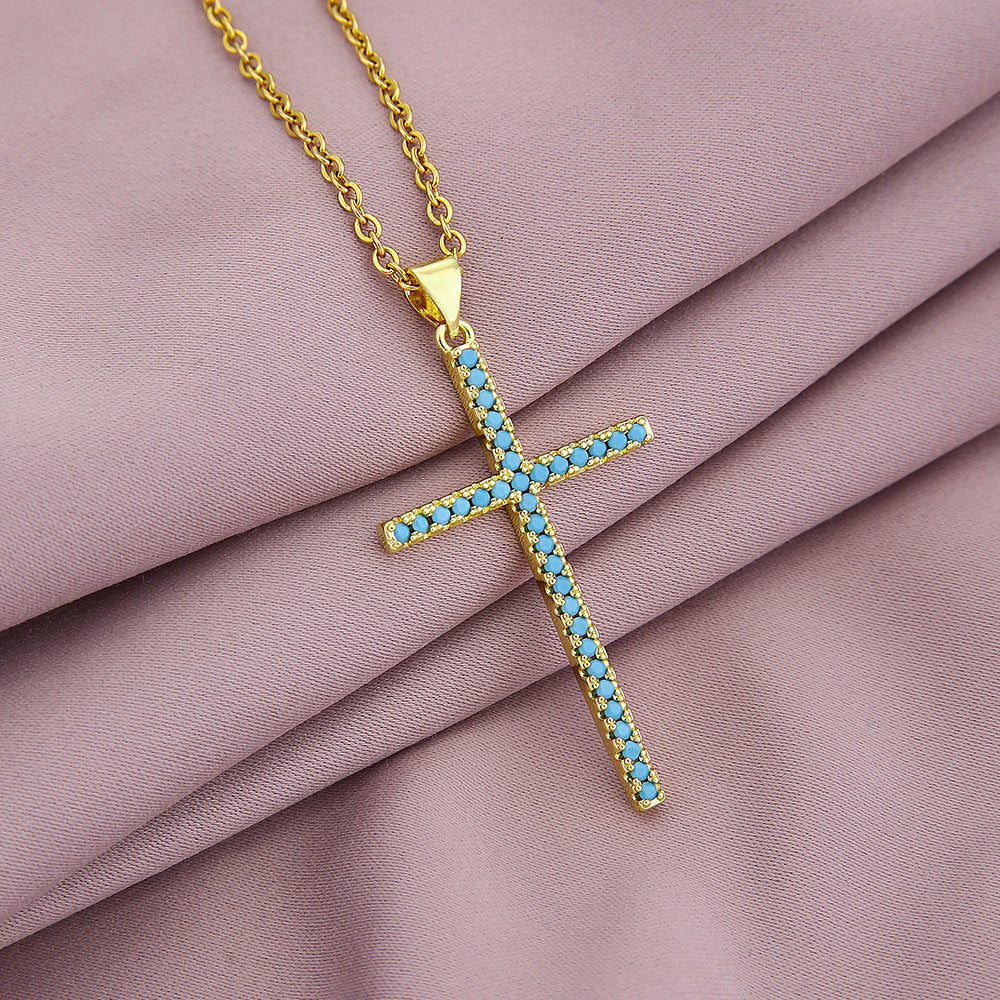 Trendy Cross Pendant Necklace with Colorful Zircon for Couples