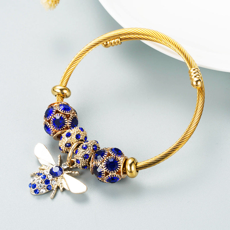 Gold Adjustable Bee Bracelet with Diamond Ball