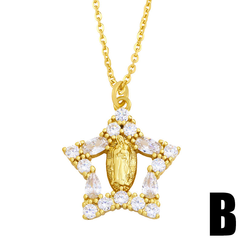 Micro-inlaid Zircon Virgin Mary Heart Pendant Copper Necklace