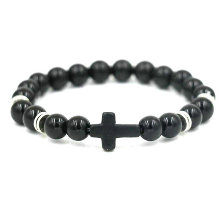 Alloy Cross Bracelet with 8mm Matte Volcanic Stone Beads - Red Pine