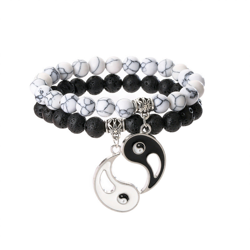 Copper Geometric Bracelet Set - Black Matte & White Turquoise Beaded Couples Bracelets