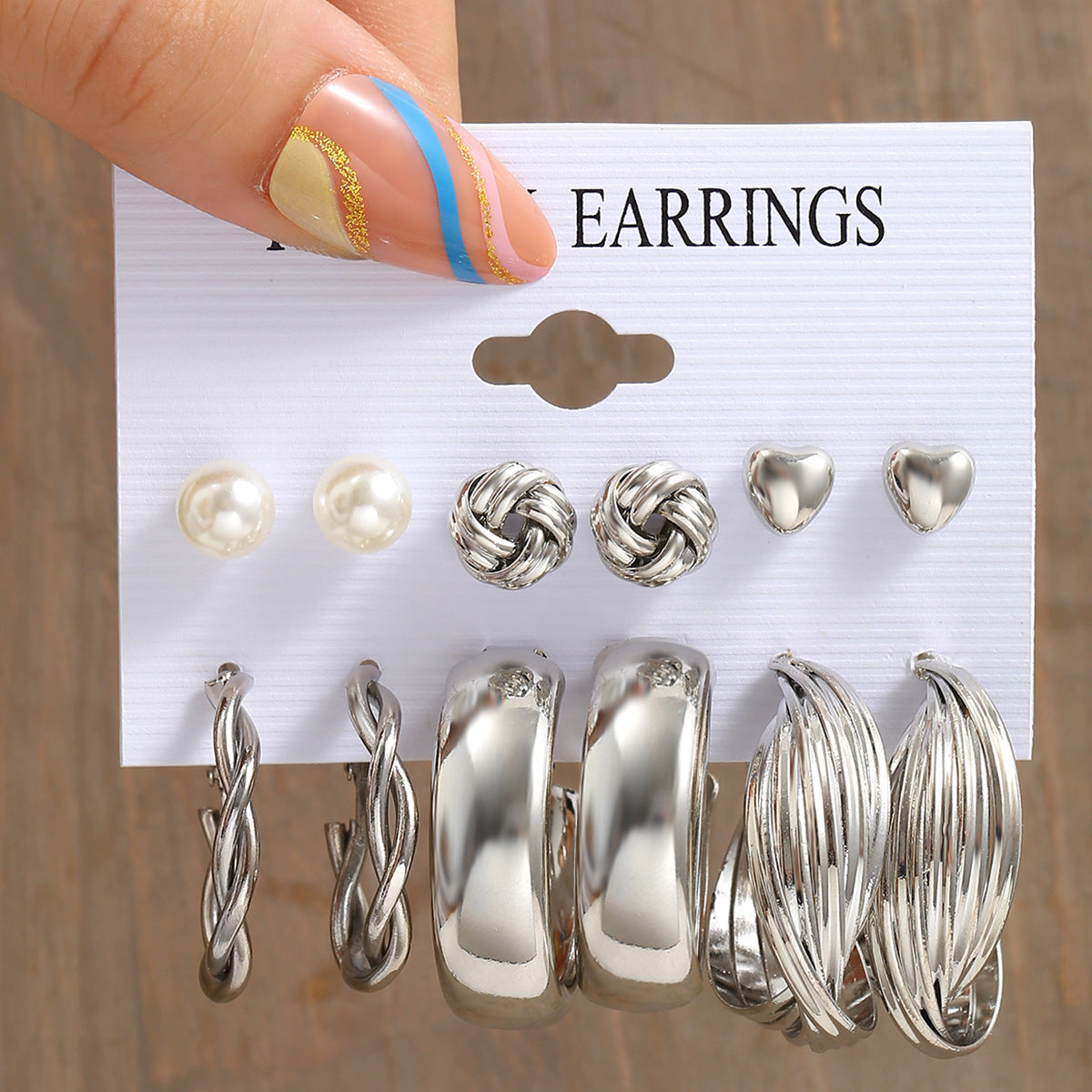 Geometric Gold Plated Alloy Gemstone Earrings Set - 6 Pieces