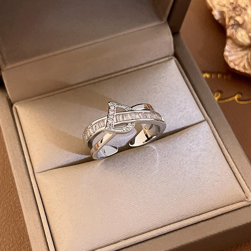 Fashion Heart & Bow Knot Zircon Adjustable Copper Ring