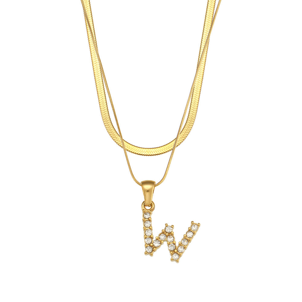 18K Gold Plated Double-Layer Zircon Letter Stainless Steel Necklace