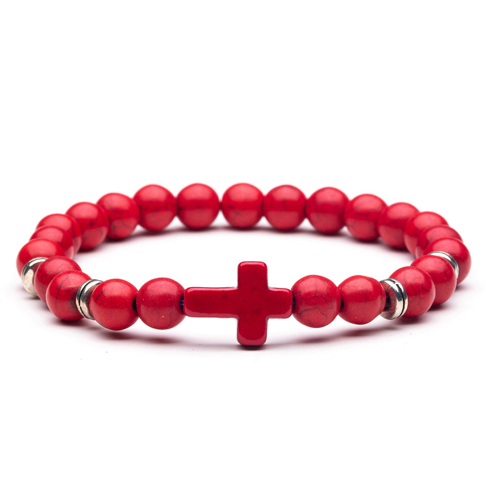 Natural Stone Cross Bead Charm Bracelet 8mm Jewelry