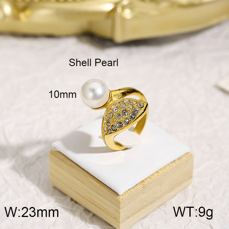 Elegant Retro Geometric Titanium Steel Pearl Rhinestone 18K Gold Plated Rings