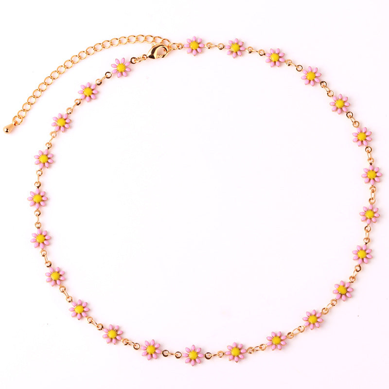 Fashion Daisy Enamel Flower Necklace and Bracelet Set - 18k Gold Plated