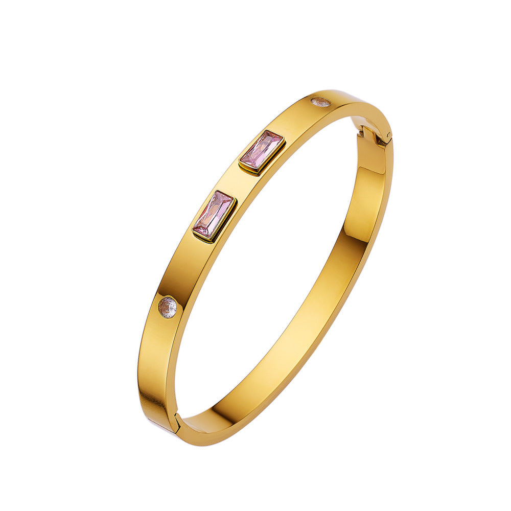 Simple Heart Shape Diamond Gold-Plated Titanium Steel Bangle Bracelet