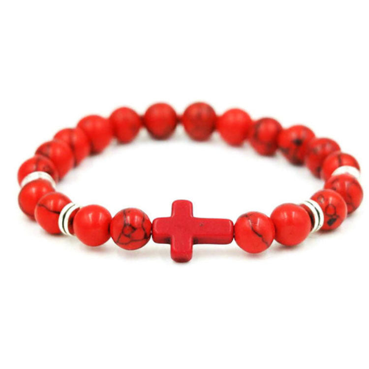 Alloy Cross Bracelet with 8mm Matte Volcanic Stone Beads - Red Pine