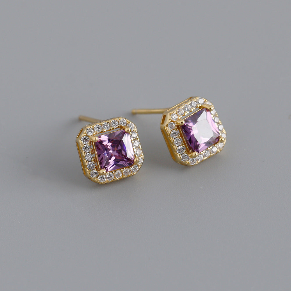 Geometric Sterling Silver Zircon Square Stud Earrings