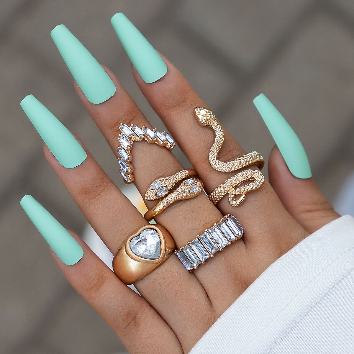 Heart Shape Snake Rhinestone Ring Set - Unisex, 5 Pieces