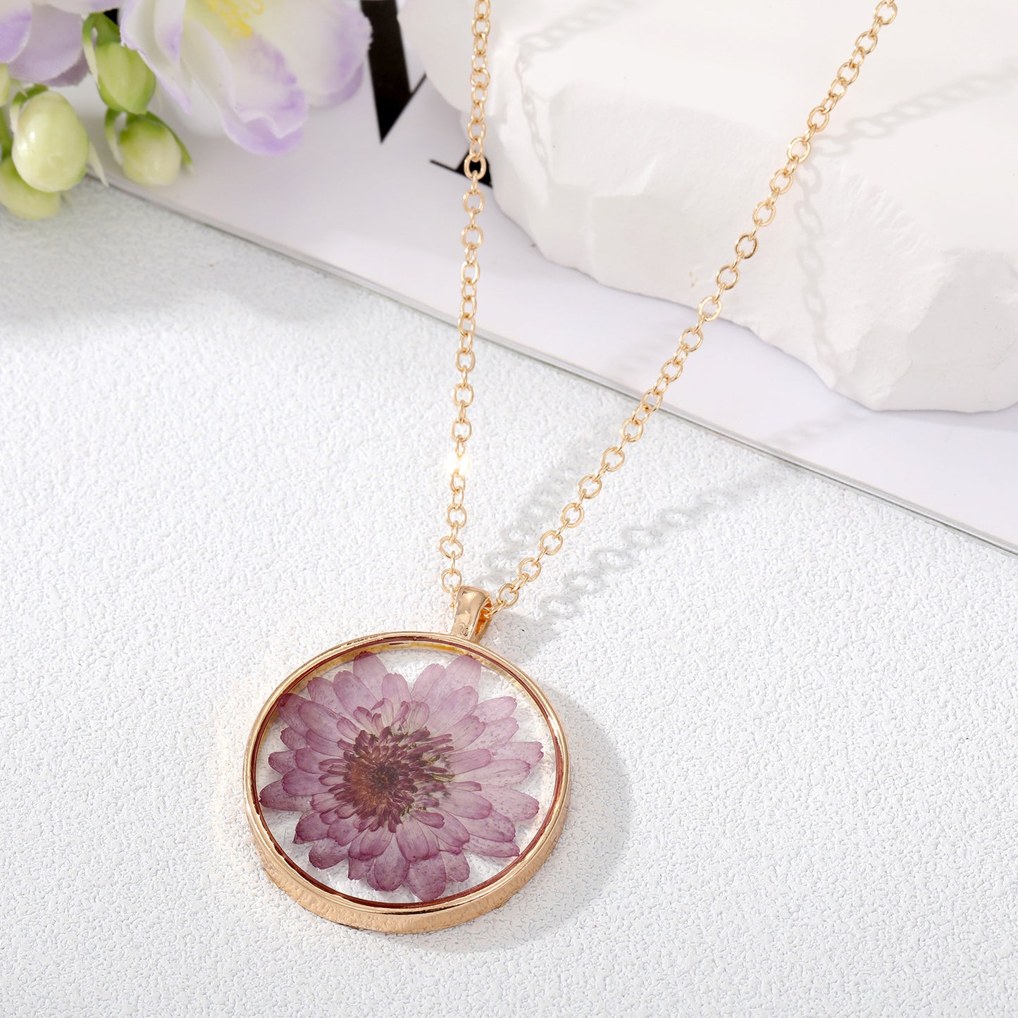 Women's Floral Alloy Necklace with Real Flower Pendant