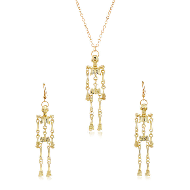 Geometric Alloy Earrings and Vintage Halloween Skull Pendant Necklace Set