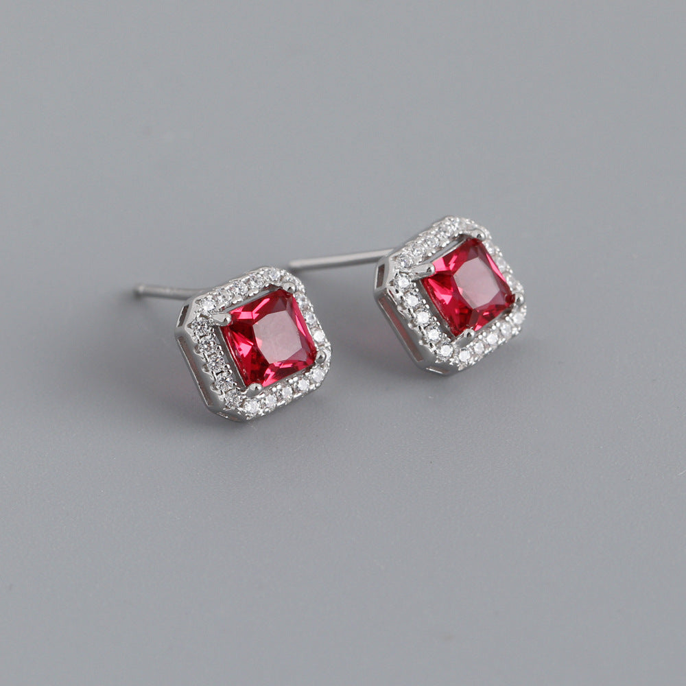Geometric Sterling Silver Zircon Square Stud Earrings