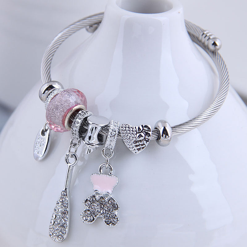 Fashion Metal Flash Diamond Bear & Fruit Charm Bracelet