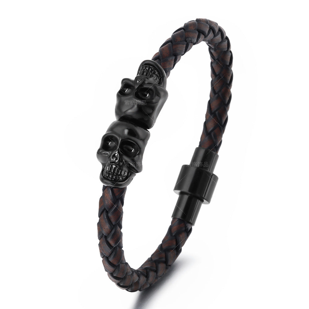 European American Cowhide Skull Magnetic Clasp Men's Bracelet