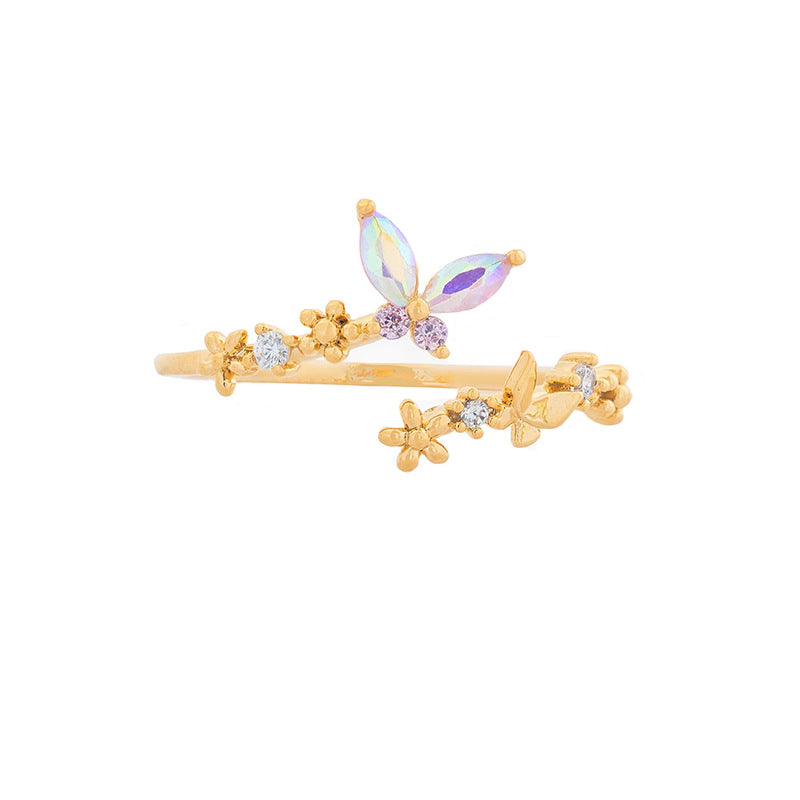 Fashion Gradient Butterfly Flower Zircon Adjustable Open Ring