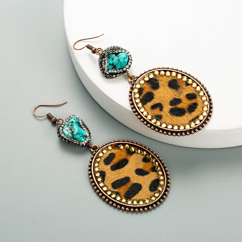 Alloy Turquoise Leather Leopard Print Geometric Earrings