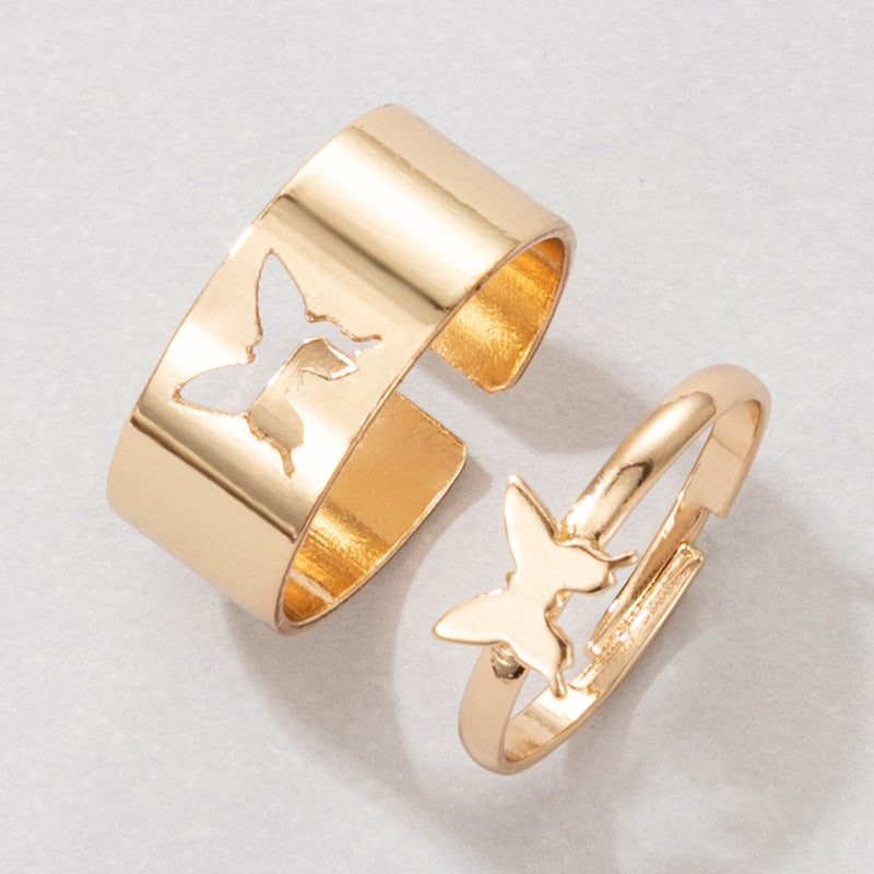 Simple Heart & Butterfly Adjustable Ring Set - Creative Hollow Punk Style Couple Rings