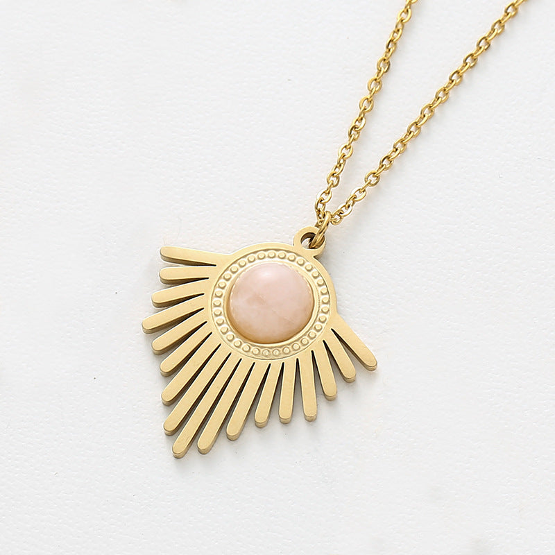 Geometric Triangle Stainless Steel Gold Plated Natural Stone Pendant Necklace