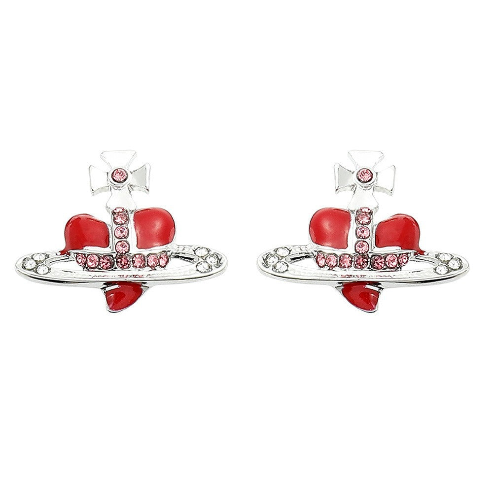Heart Shape Alloy Pendant Necklace with Rhinestone Inlay and Glass Planet Charm
