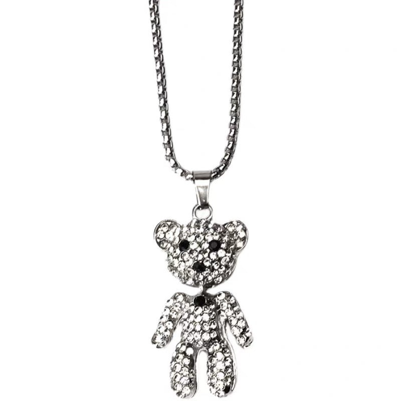 Fashion Rhinestone Bear Pendant Necklace for Women - Stainless Steel, Adjustable Trendy Chain