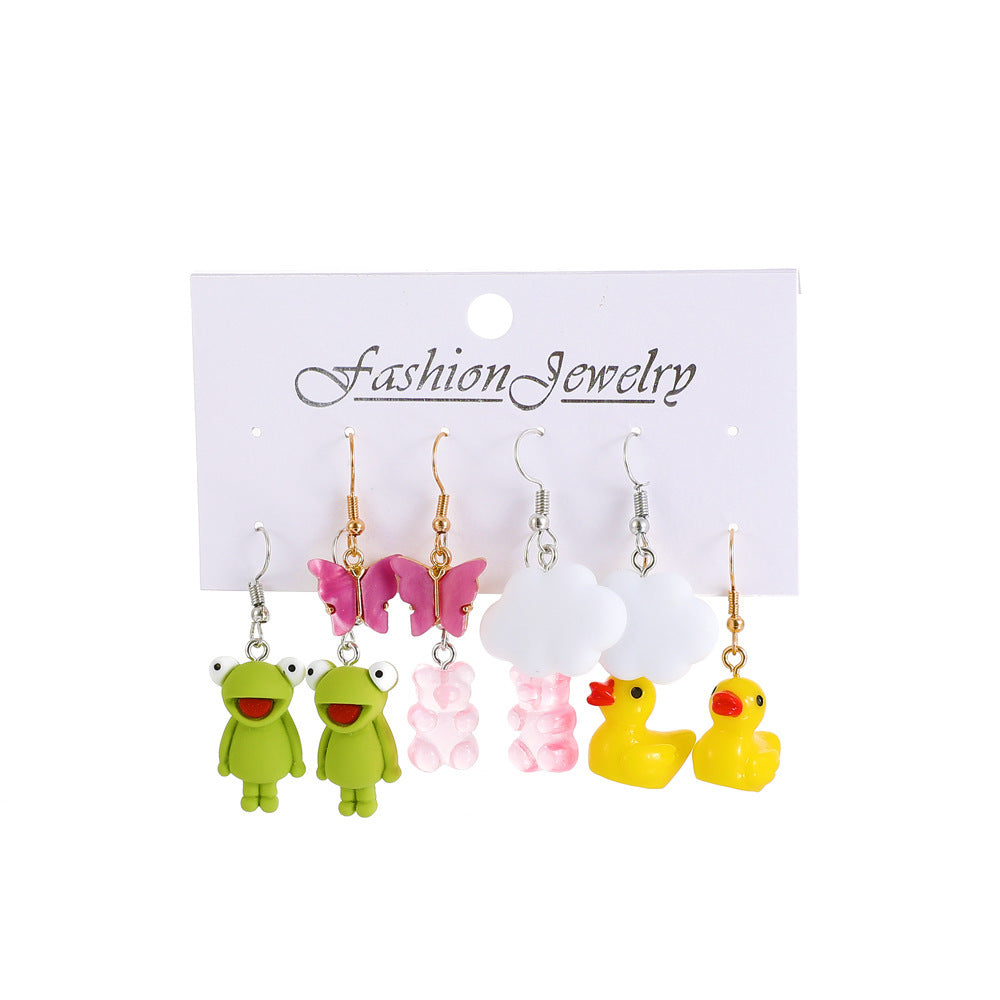 Creative Cartoon Animal Stud Earrings Set - Butterfly, Cloud, Duck, Frog, Heart (5 Pairs)