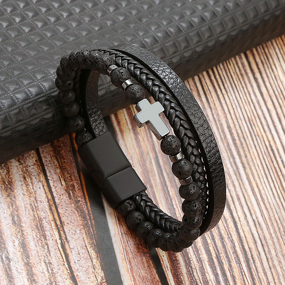 Retro Cross Alloy Natural Stone Tiger Eye Men's Bracelet