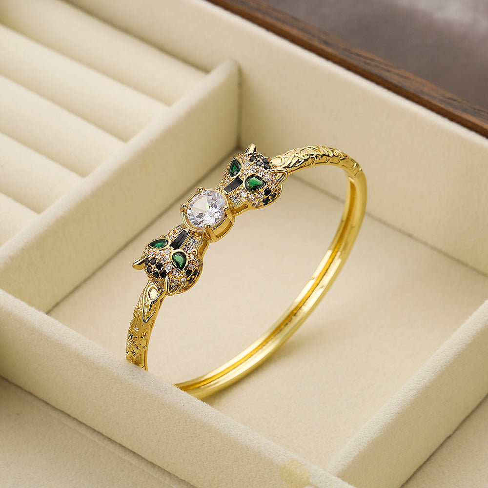 Hip-Hop Leopard Zircon 18K Gold Plated Bangle Bracelet