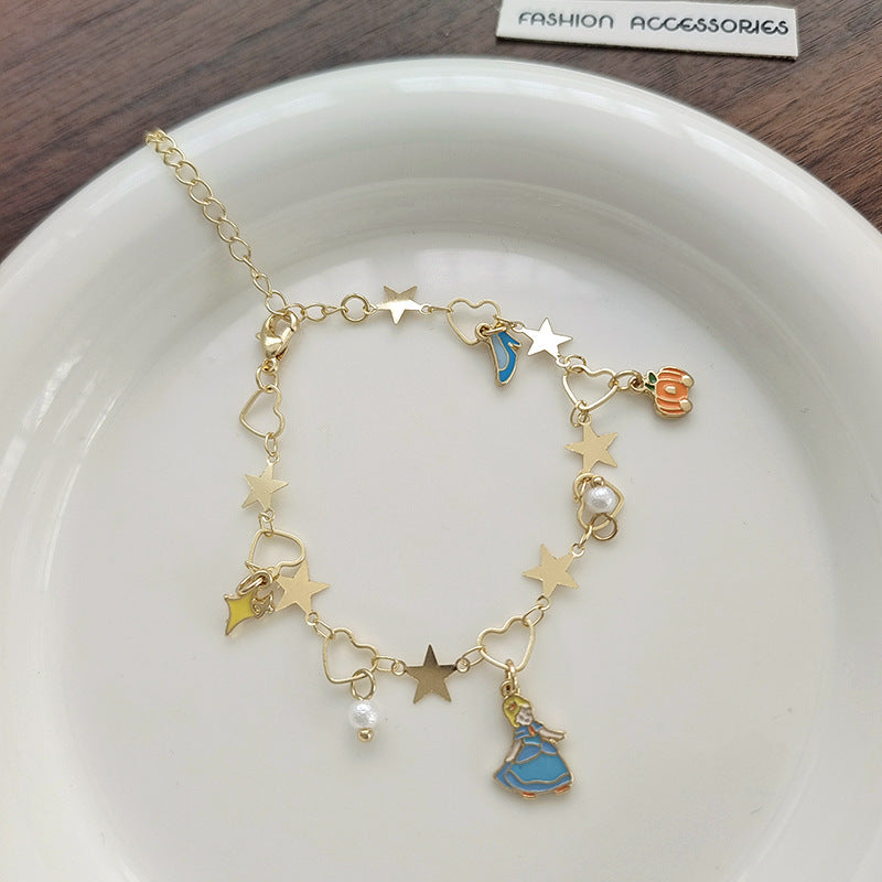 Sweet Fairy Tale Heart and Star Alloy Plated Pearl Bracelet for Women