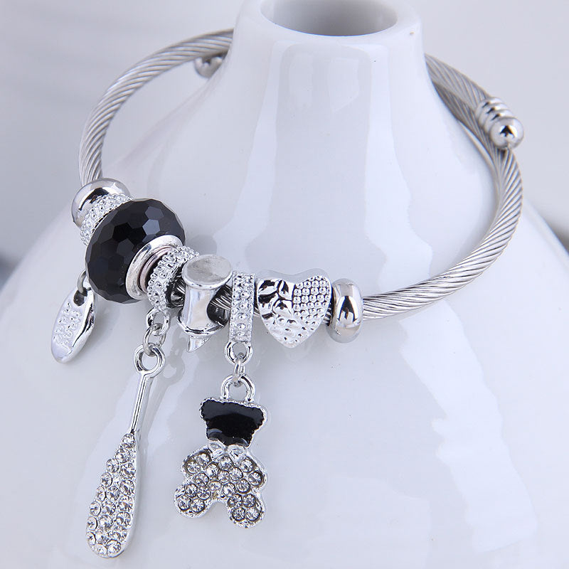 Fashion Metal Flash Diamond Bear & Fruit Charm Bracelet
