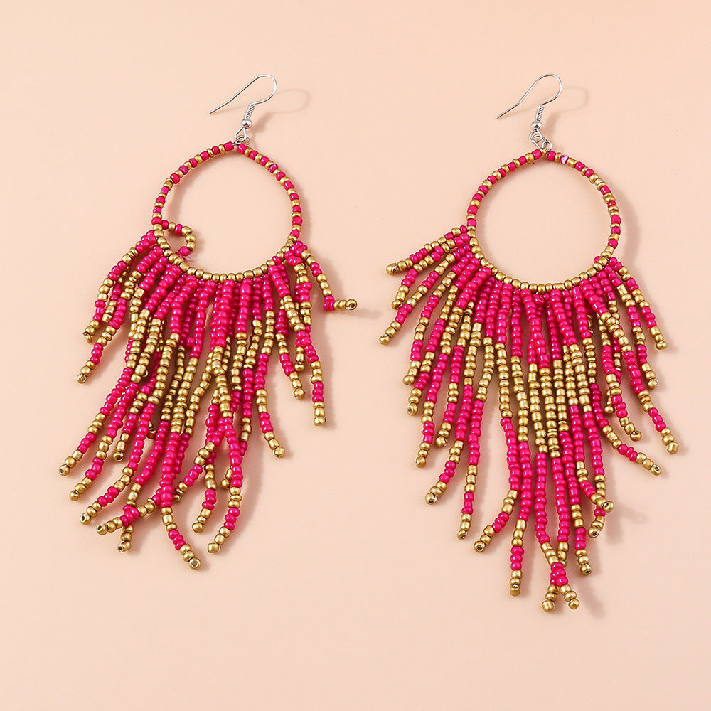 Bohemian Retro Beaded Tassel Alloy Earrings