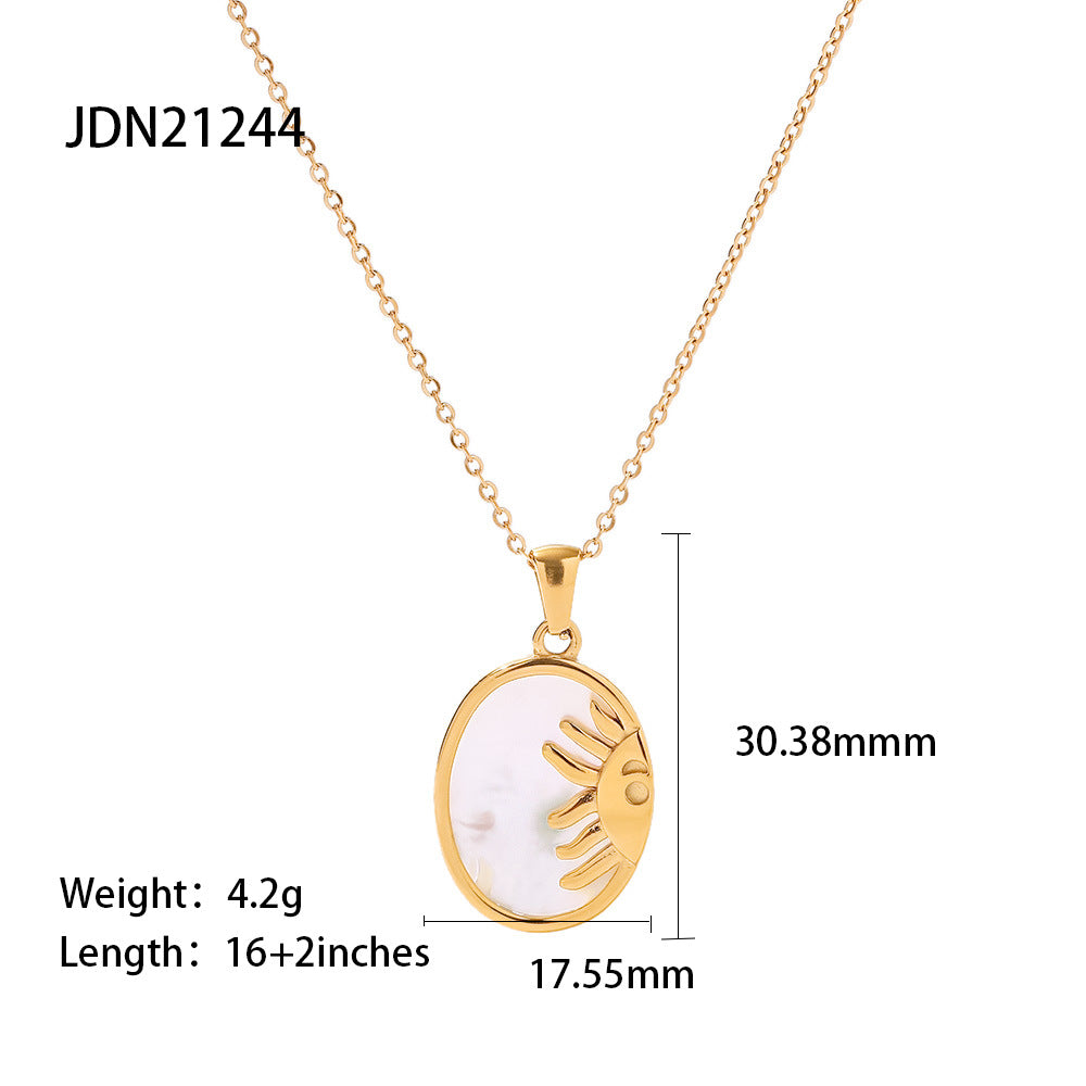 18K Gold Plated Sun Moon Oval Shell Pendant Necklace