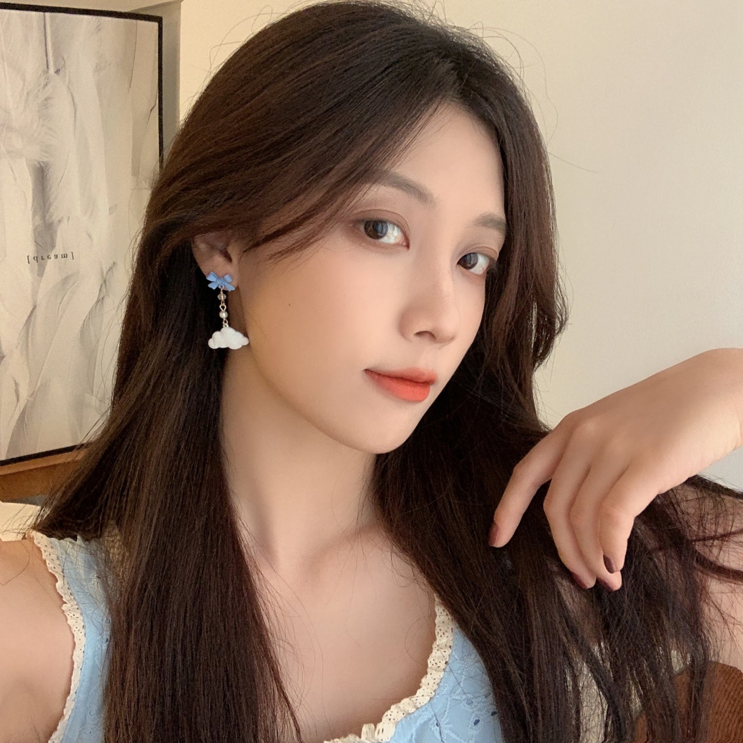 Korean Fashion Cloud Raindrop Rhinestone Resin Earrings with S925 Silver Needle Bow Tassel Design