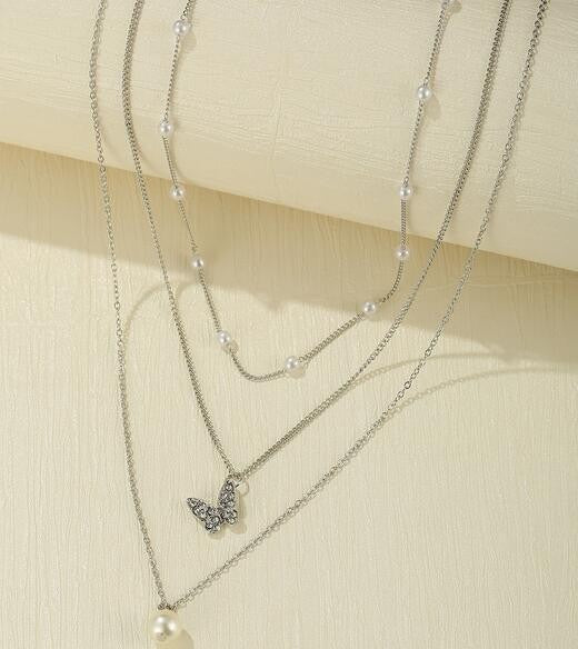 Artificial Pearl Butterfly Pendant Layered Necklace