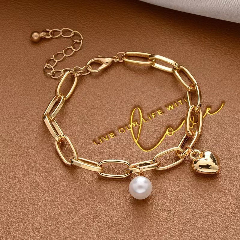 Creative Hip-hop Heart Pearl Cross Gold Coin Portrait Pendant Bracelet for Women