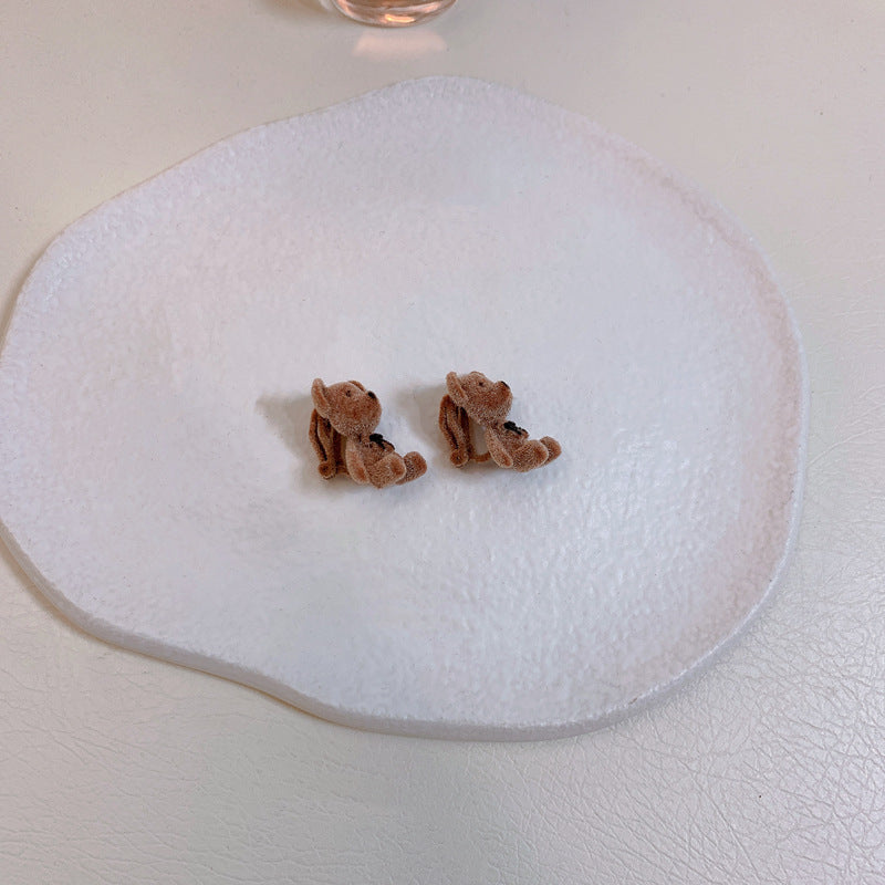 Cute Velvet Bow Bear Stud Earrings - Minimalist 925 Silver Needle Fashion Jewelry