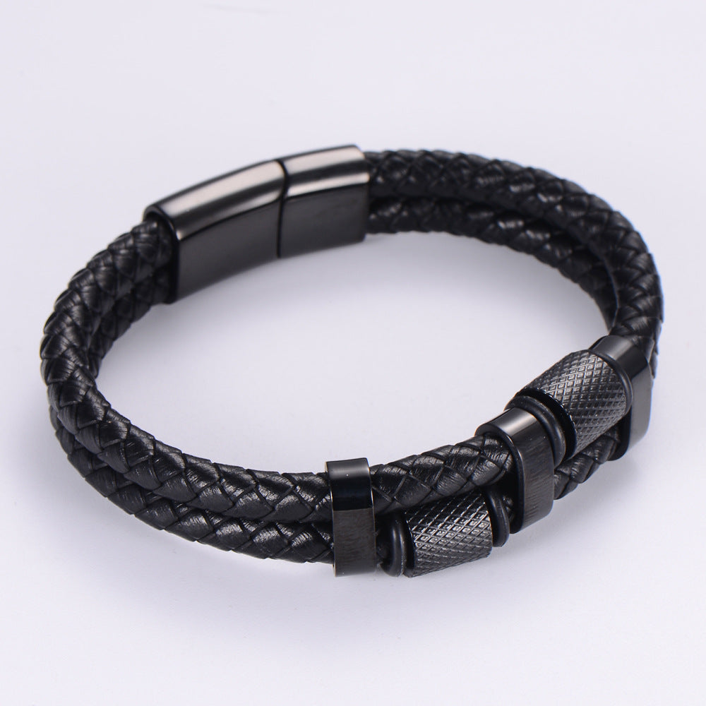 Fashion 18K Gold Stainless Steel Double-Layer Leather Rope Bracelet