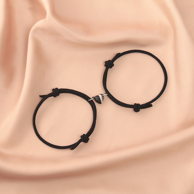 Fashion Black White Heart Magnet Rope Bracelet Pair Set Jewelry