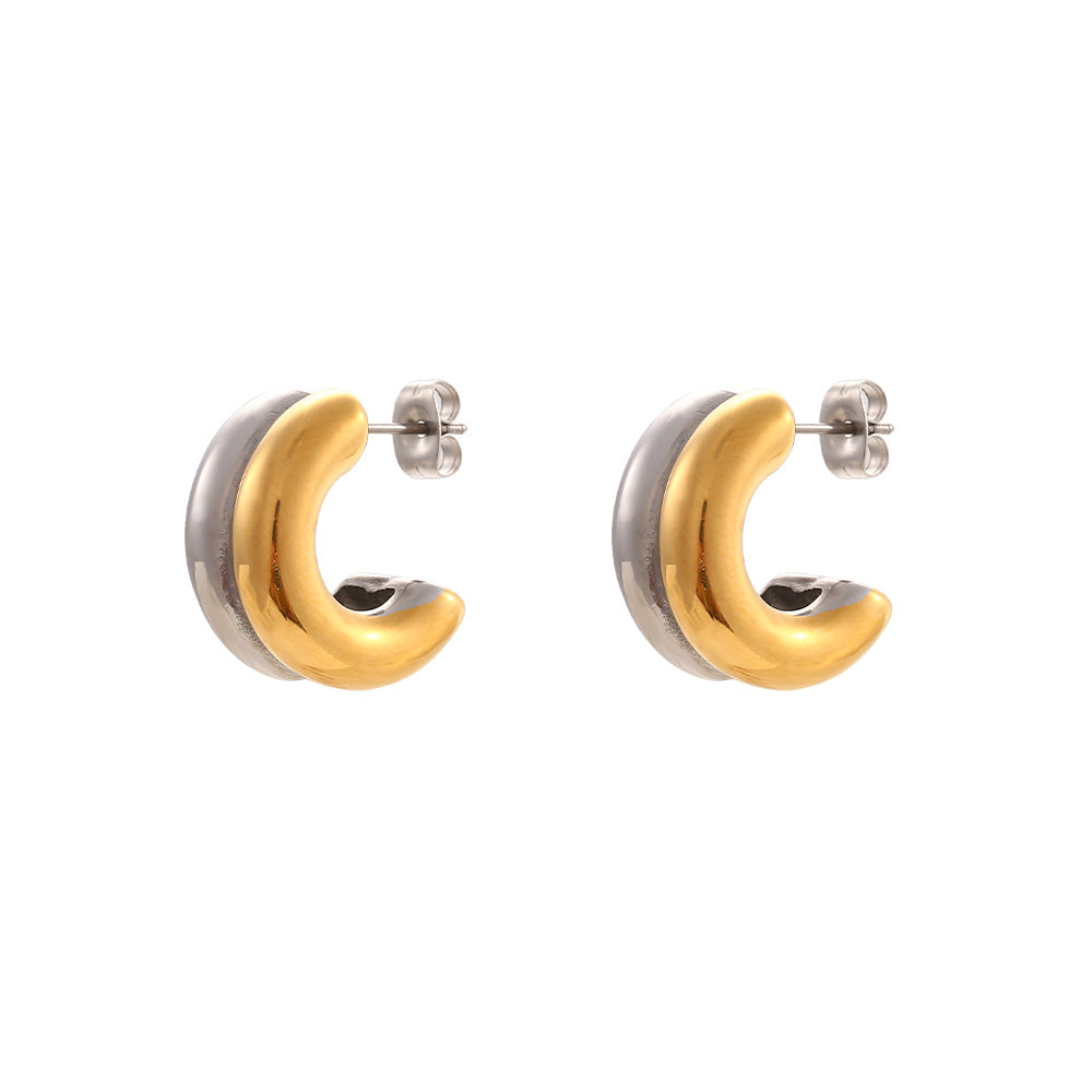Fashion C Shape Stainless Steel Double Layer Hoop Earrings