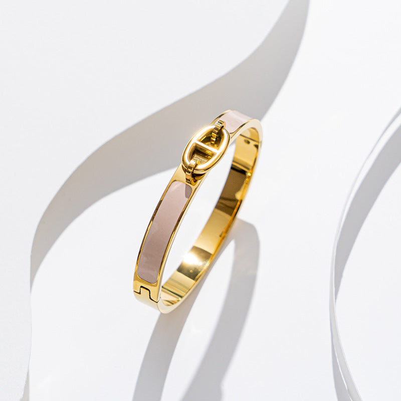 Cute Oval Enamel Stainless Steel Bangle with 18K Gold, Rose Gold, and Silver Plating