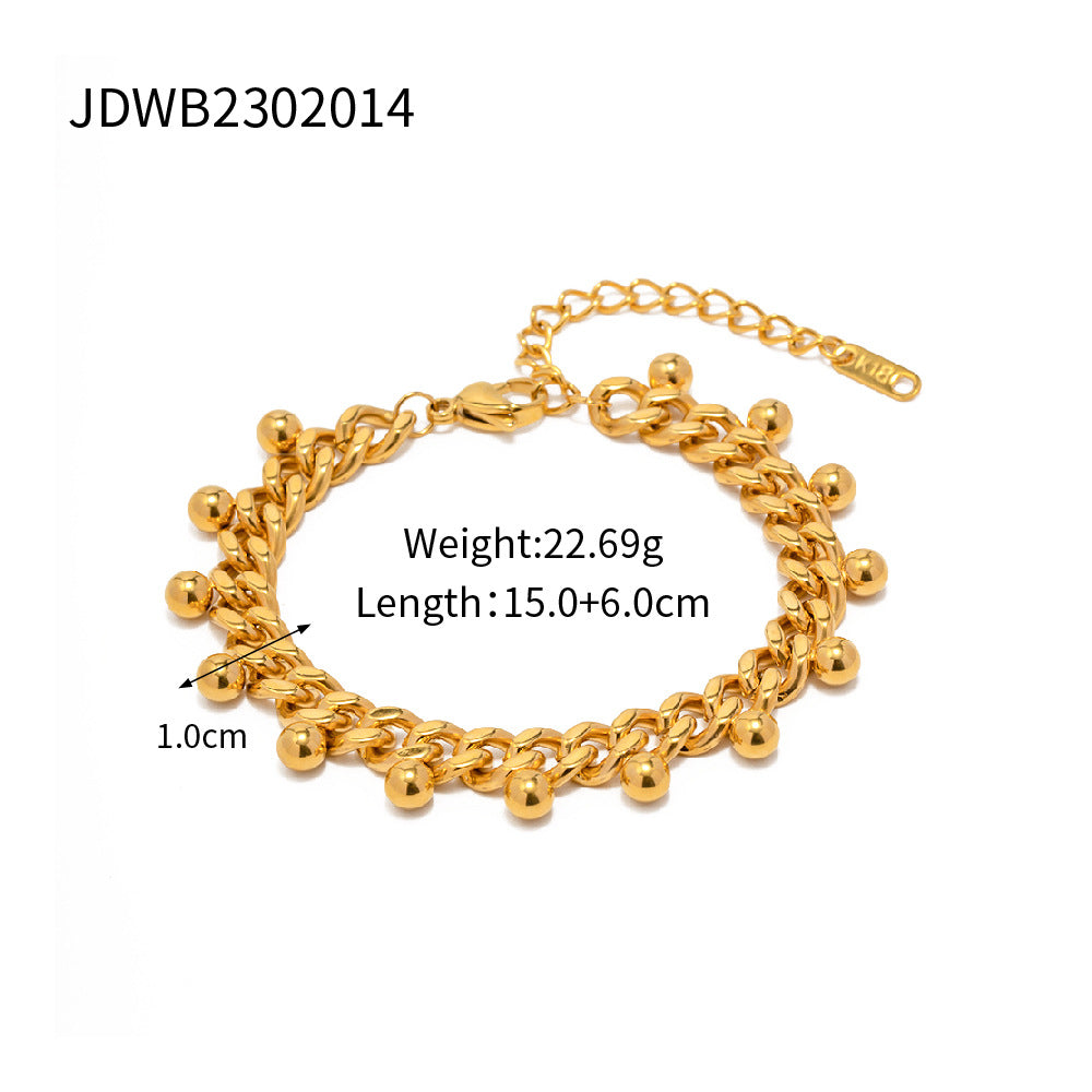 Minimalist Round Beaded Stainless Steel and Titanium Bracelet with 18K Gold Plating and Green Heart Zircon Charm