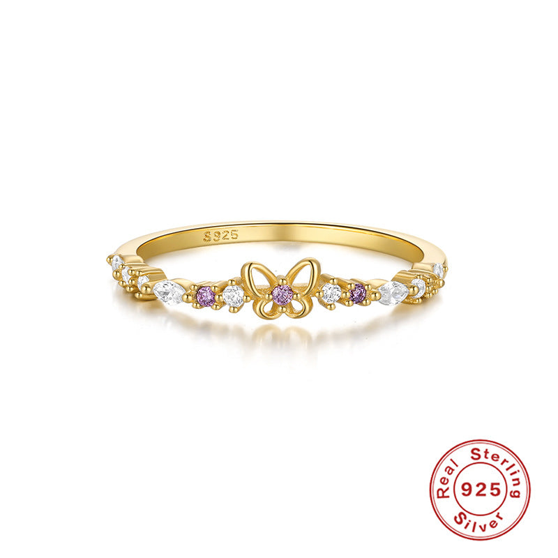 Retro Square Oval Butterfly Sterling Silver Zircon Ring with Mini Floral Bouquet Design