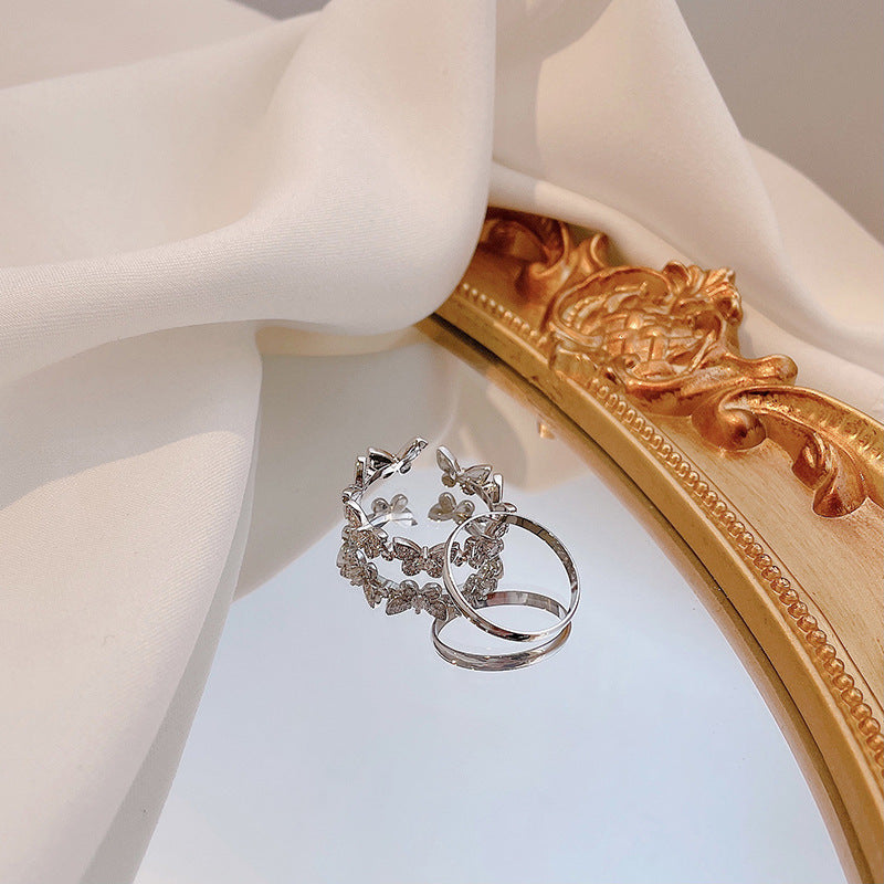 Fashion Vintage Butterfly Pearl Rhinestone Ring Set