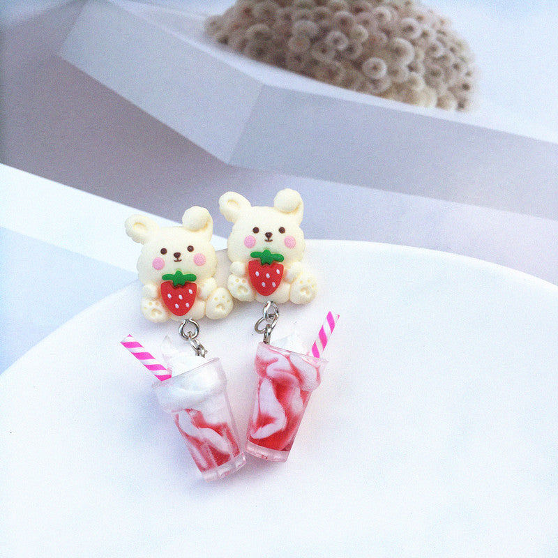 Creative Ice Cream Pearl Milk Tea Bear Strawberry Resin Earrings