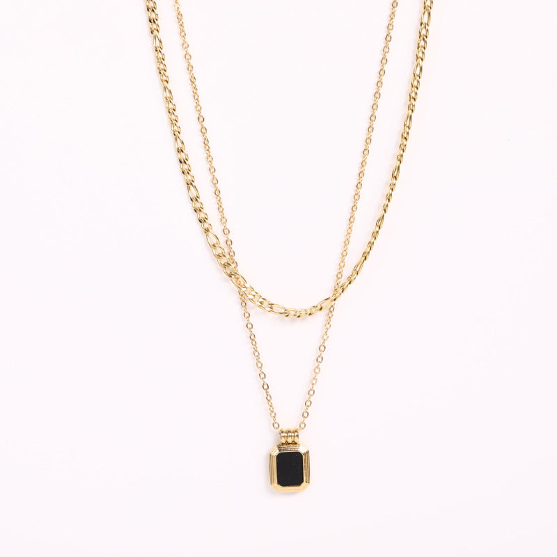 Simple Double Layered Turquoise and Square Pearl Pendant Stainless Steel Necklace